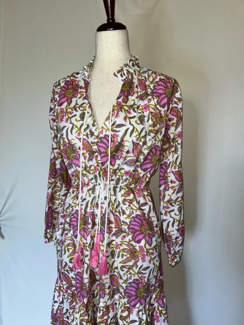 Mille Resort Floral Pink Tie-Front Tiered Maxi Dress with Tassel details - Picture 3 of 6